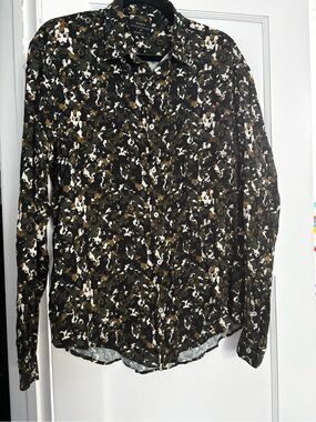 Zara Men’s Olive, Black & White Camouflage-Style Button-Down Shirt
